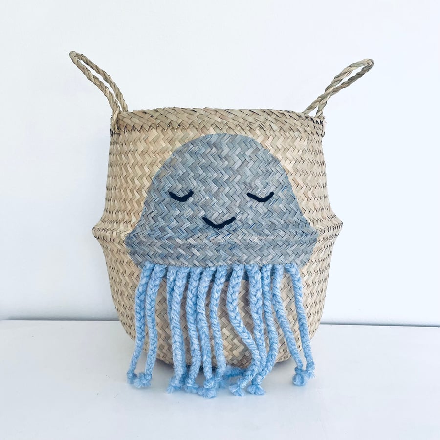 Blue jellyfish seagrass belly basket for kids toy storage bin by Bellybambino