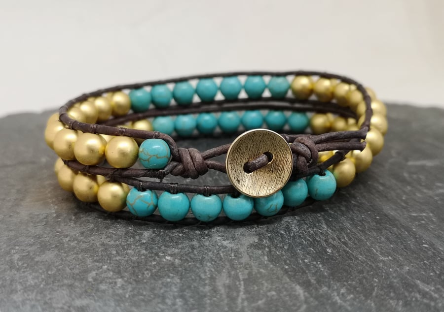 Turquoise and gold hematite semi precious bead and leather double wrap bracelet 