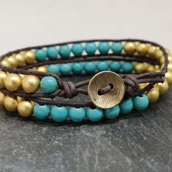 Turquoise and gold hematite semi precious bead and leather double wrap bracelet 