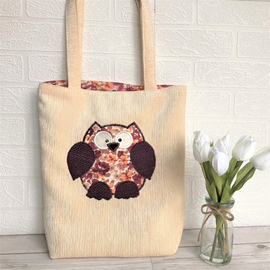 Owl tote bag in cream with peach, maroon and beige floral print owl