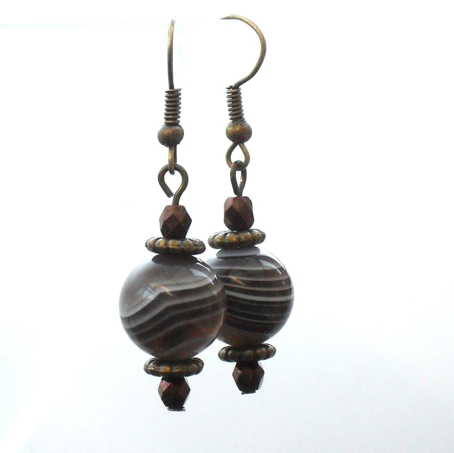 Brown stripy botswana agate and brown crystal bronze earrings