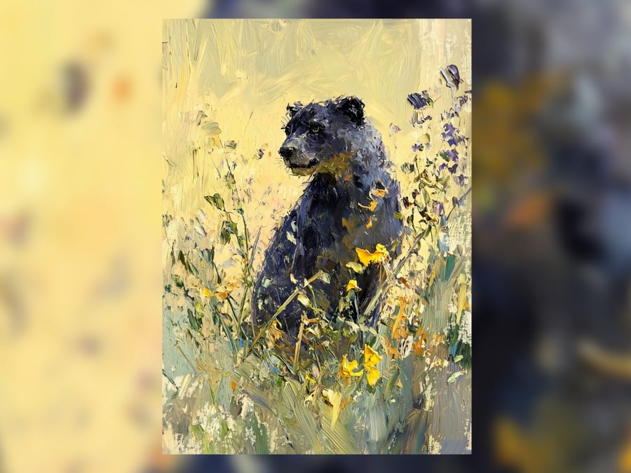 Panther Portrait in Wildflowers Oil Painting 5"x7" Matte Print 