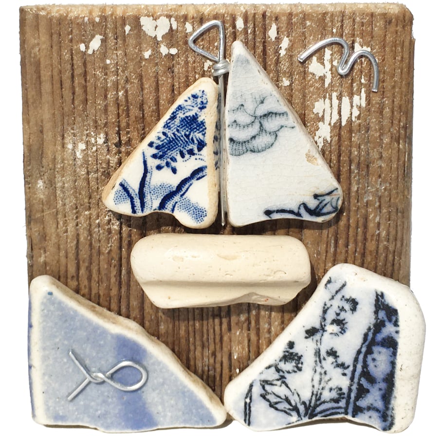 Handmade Sailing Boat on Driftwood Beach Pottery & Pebble Art Wooden Ornament
