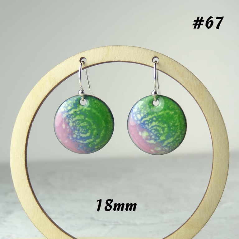 Green, blue & pink domed disc glass enamelled copper drop earrings, 18mm