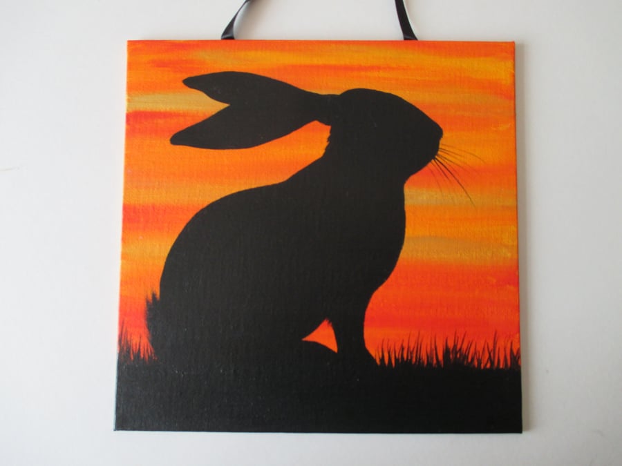Bunny Rabbit Original Art Canvas Painting Silhouette Sunrise Sunset