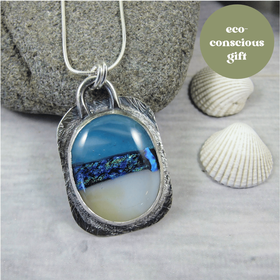 Seascape Necklace, Sterling Silver and Glass Artisan Pendant 