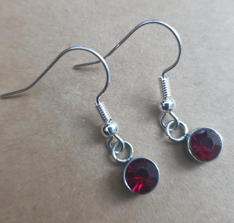 red wine coloured glass earrings silver plate set on silver plate earrings