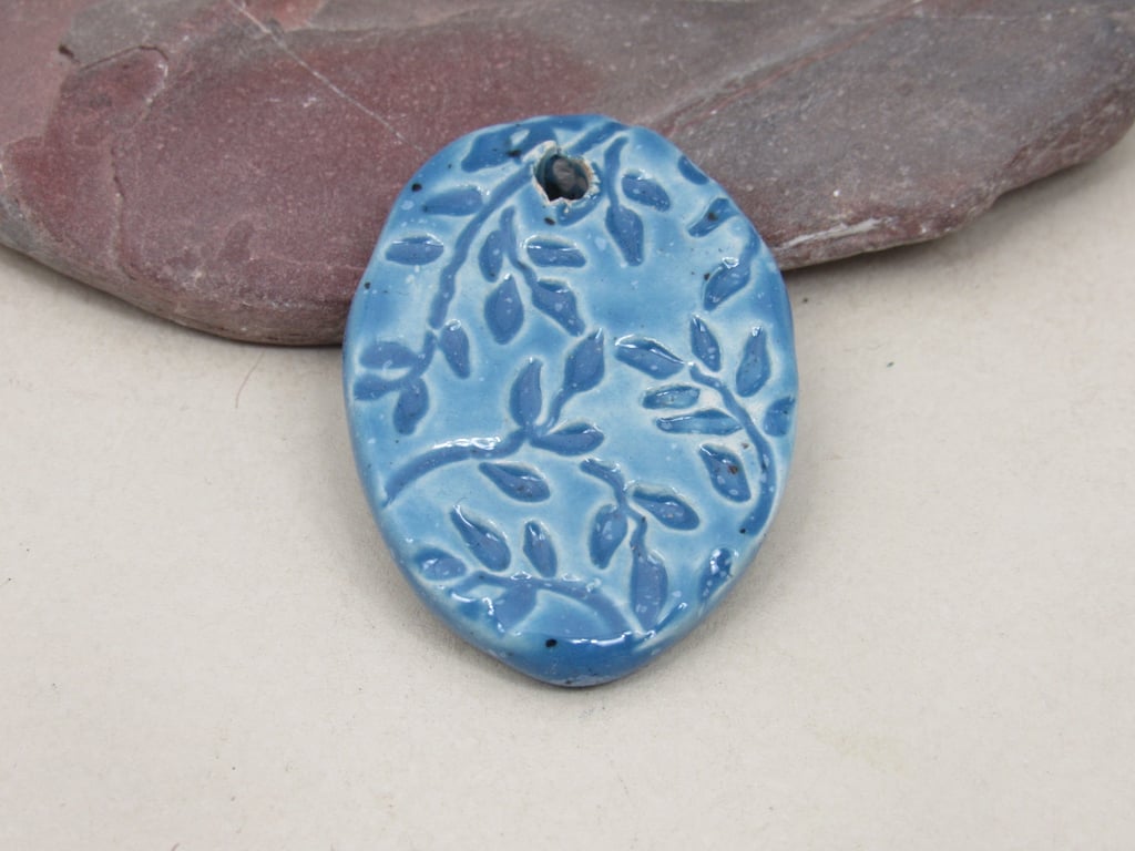 Large Cornflower Blue Leaf Sprig Ceramic Pendant