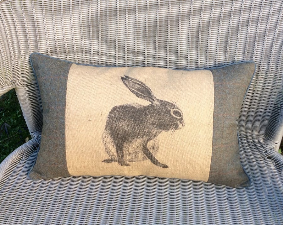 Hare cushion in hessian and wool plaid fabric. FREE UK P&P. Rabbit decor pillow.