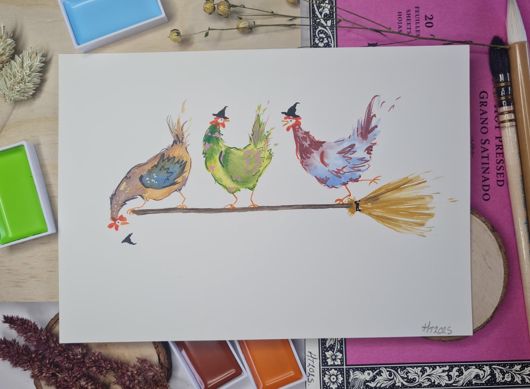 Mini Halloween Chicken Painting: Hand-Painted Watercolor Art