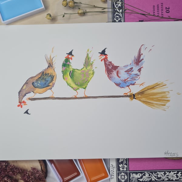 Mini Halloween Chicken Painting: Hand-Painted Watercolor Art