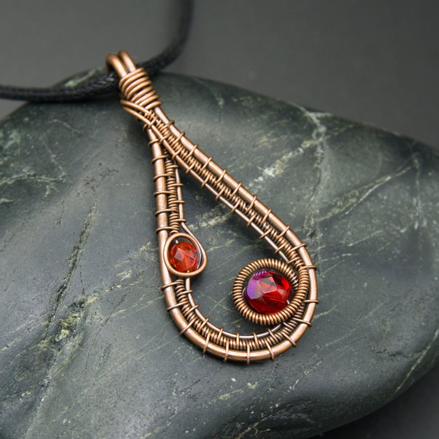 Copper Wire Weave Drop Pendant with Faceted Red Glass Beads