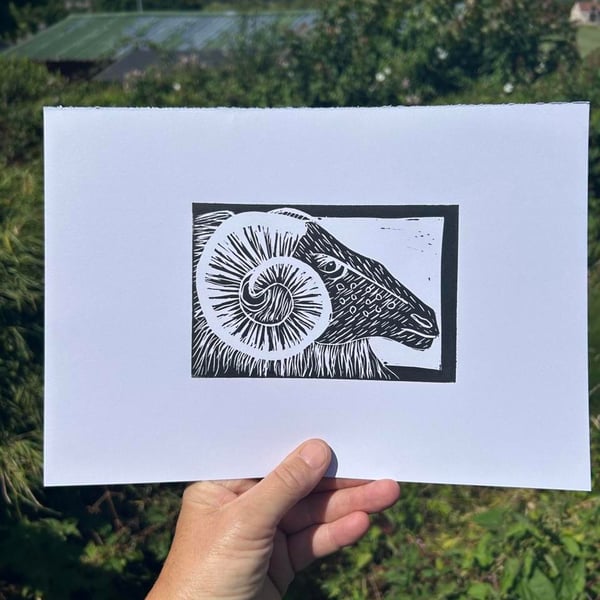 Rams Head Original Linocut Print