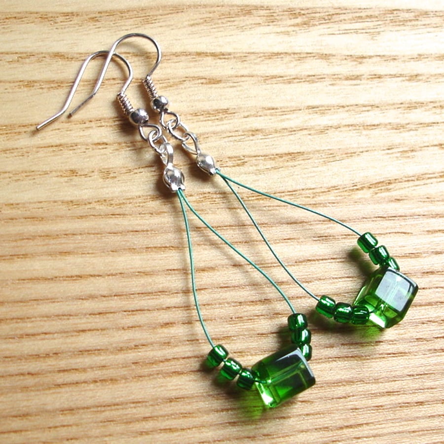 Cute Cubes Green Loop Bead Earrings, Pretty Stocking Filler for Her