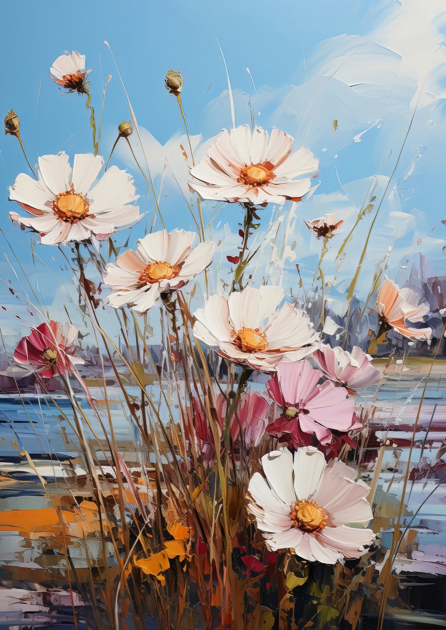  Vivid Cosmo Flowers Art Print - 5x7 Oil Painting for Bright Nature-Inspired 