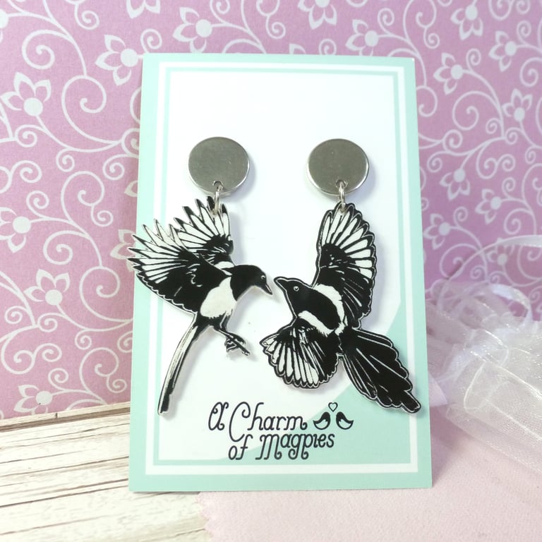 Two for joy magpie earrings on stainless steel studs, laser engraved