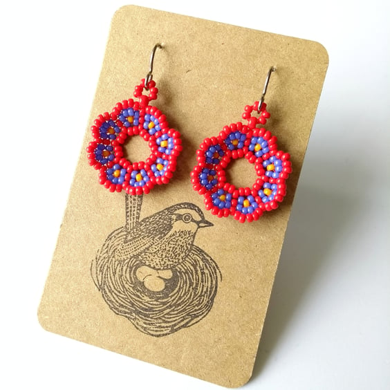 Daisy Cup Drop Earrings in Red, Purple and Orange