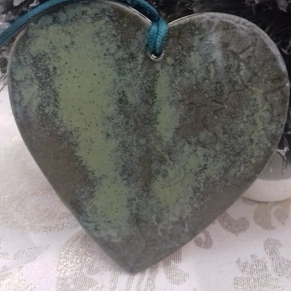 Handmade ceramic green heart hanging decoration