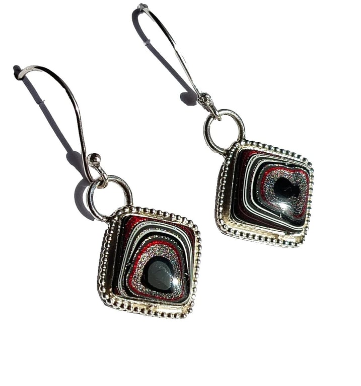 Fordite Earrings Sterling Silver Jewellery Gift Metallic Red Black Square Drop