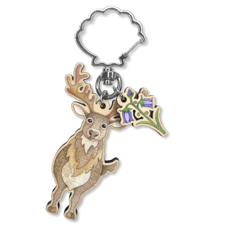 Stag Keyring - Wooden Key Fob with Bluebell - Scottish Highland Wood Key Chain