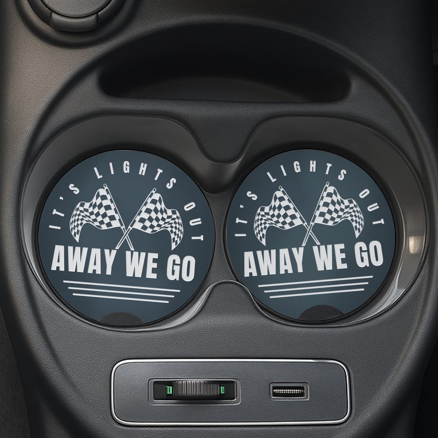 F1 Themed Car Cup Holder Coasters – Lights Out & Away We Go – Formula 1 Gift