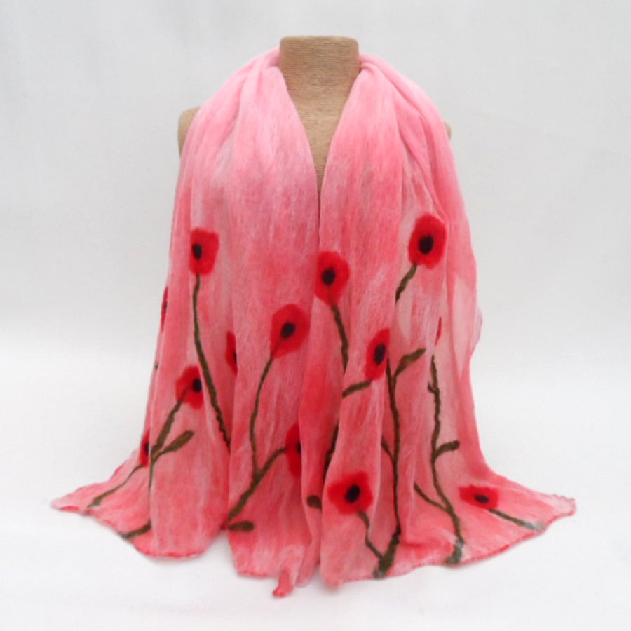 Nuno felted poppy scarf, white merino wool on red silk