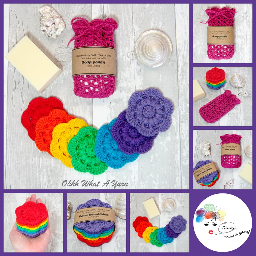 Cotton rainbow scrubbies and soap saver, soap pouch set. Face wipes  Soap sock.