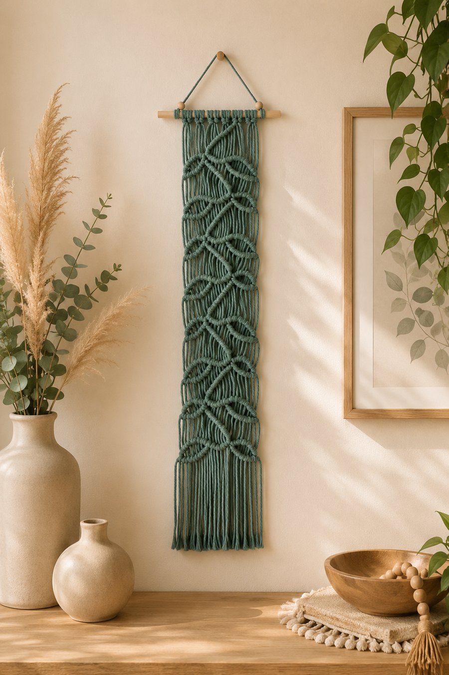 Mint Green Macrame Wall Hanging - Recycled Cotton - Boho Wall Decor.