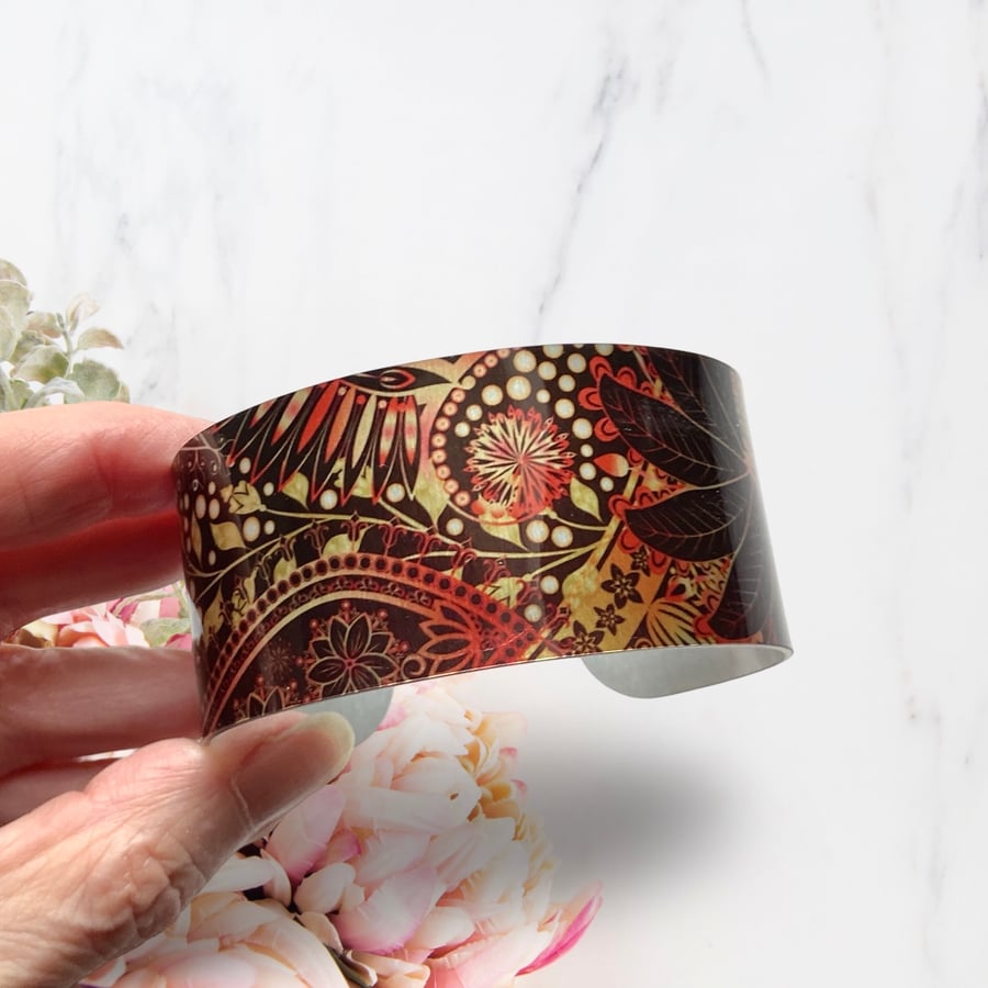 SALE paisley wide cuff bracelet, orange metal bangle. Perfectly imperfect