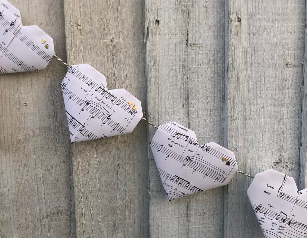 Heartstrings garland of one dozen sheet music lovehearts, Handmade
