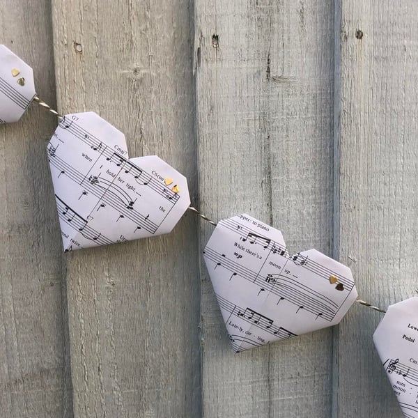 Heartstrings garland of one dozen sheet music lovehearts, Handmade