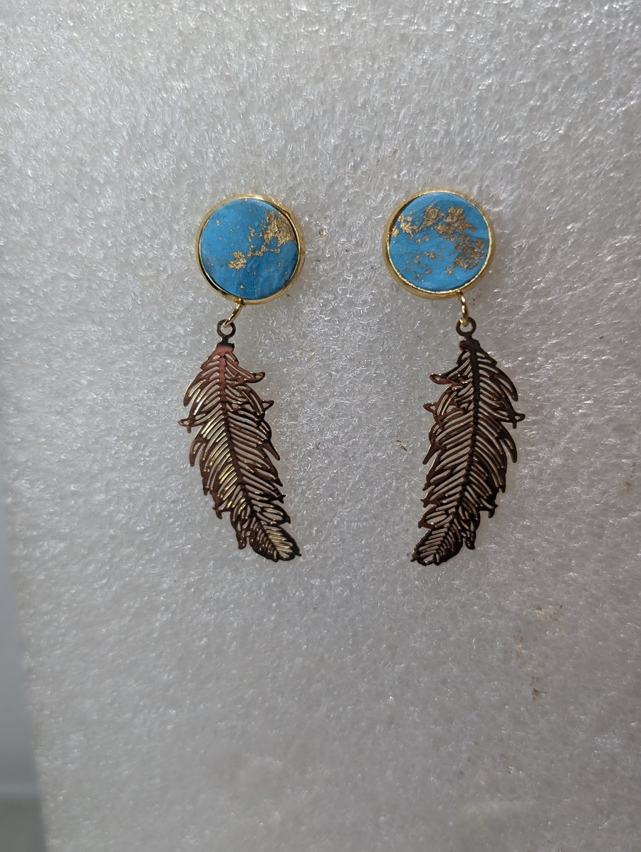 Blue gold feather earrings 