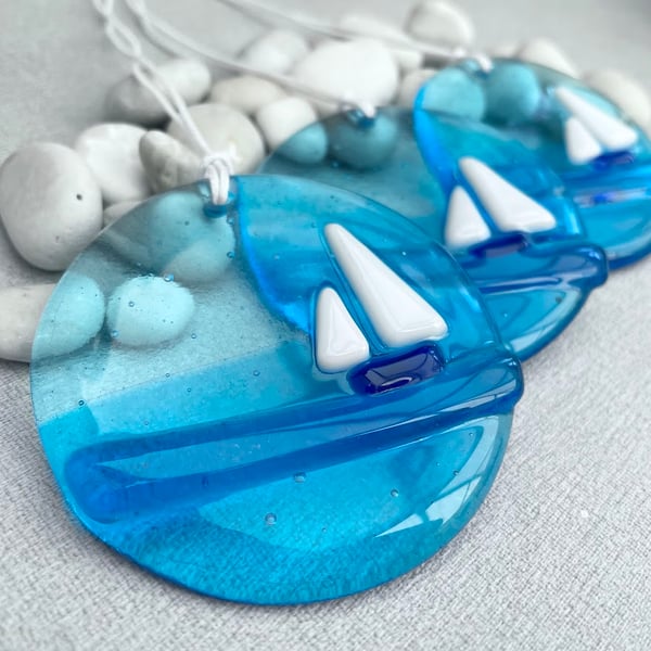 Sailboat - Turquoise Blue - handmade fused glass decoration
