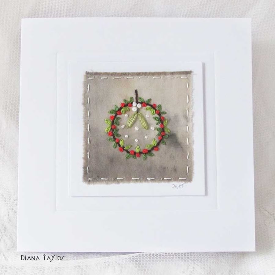 CHRISTMAS WREATH EMBROIDERED ECO PRINT CARD WINTER