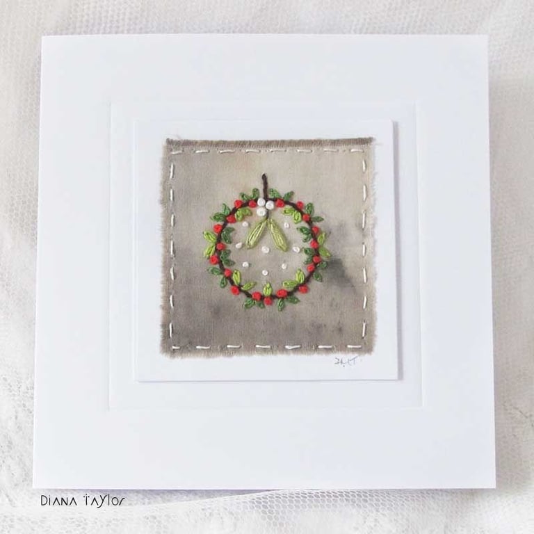 CHRISTMAS WREATH EMBROIDERED ECO PRINT CARD WINTER