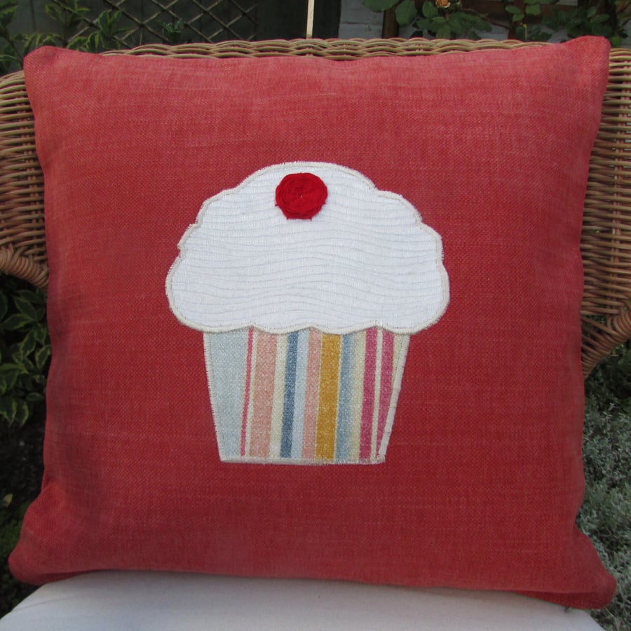 SALE - Cupcake appliqued red-orange cushion