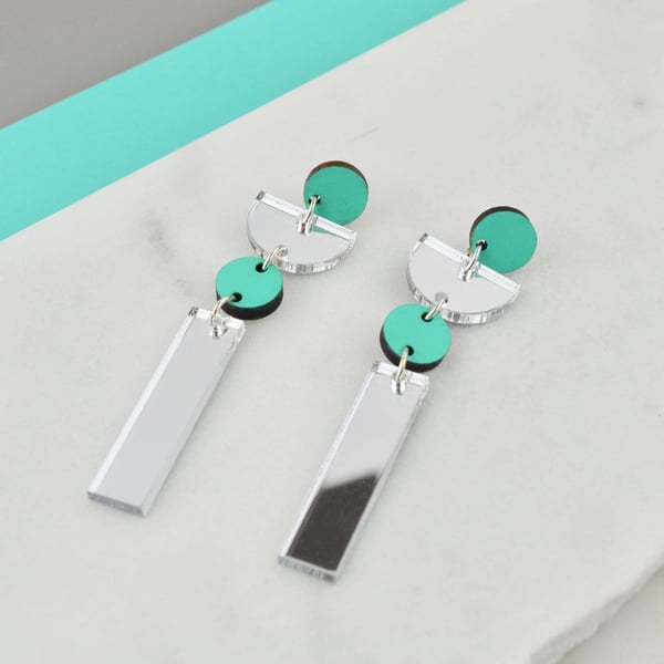 Long Dangly Earrings in silver mirror acrylic and aqua