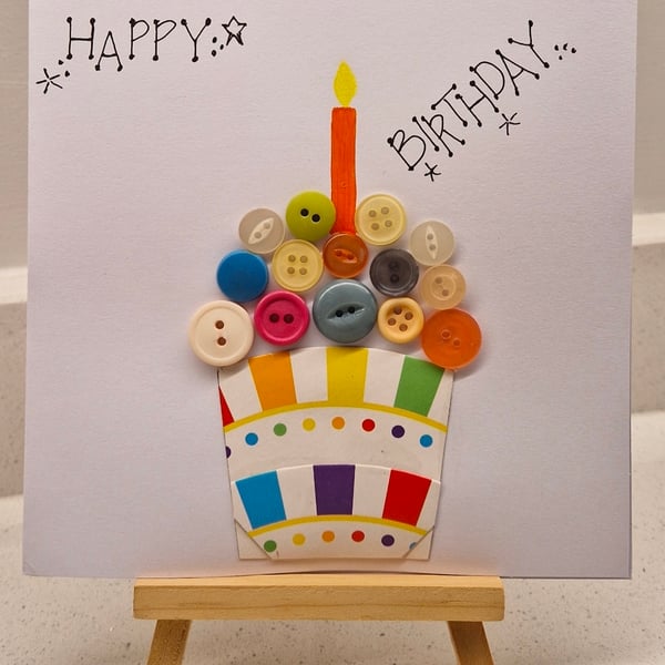 Happy birthday card of a cupcake of buttons multicoloured cute 