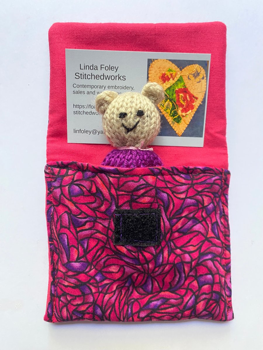 Tiny teds in beds, hand knitted bear in a purse