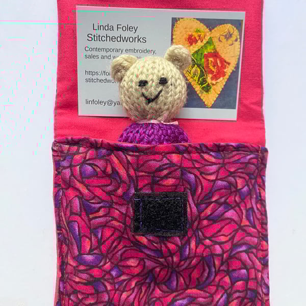 Tiny teds in beds, hand knitted bear in a purse