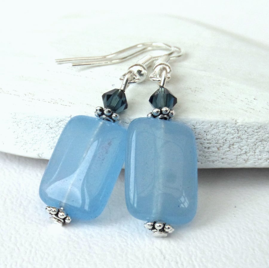 Pastel blue chalcedony rectangle earrings with crystal elements by Swarovski®