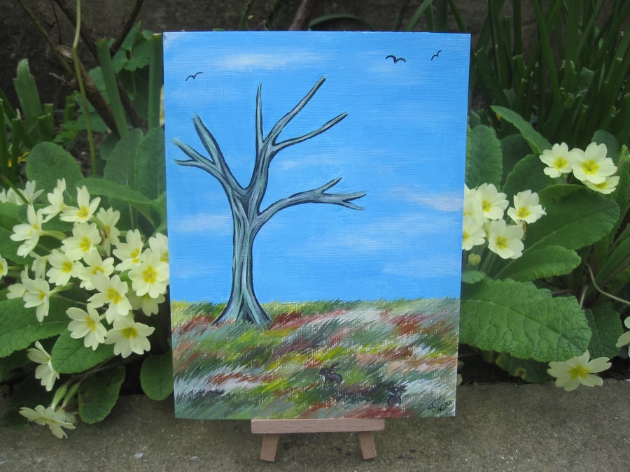 Original Landscape Painting with Bunnies Bunny Rabbit Art Picture Tree