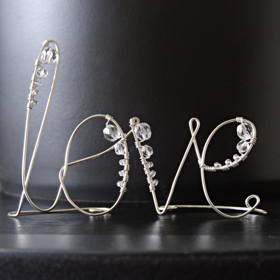 Little Beaded Love - Freestanding Wire Writing Decoration with Glass Facet Beads