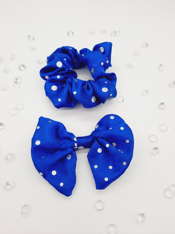 Royal blue holographic satin clip on bow and scrunchie set.  