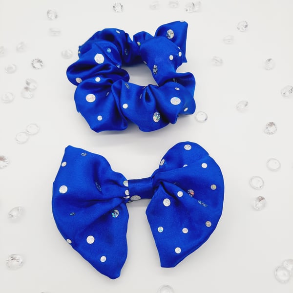 Royal blue holographic satin clip on bow and scrunchie set.  