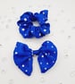 Royal blue holographic satin clip on bow and scrunchie set.   - Image 1