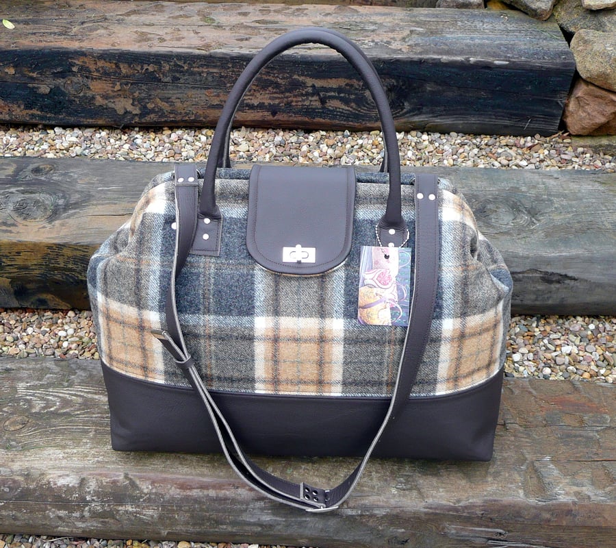 Weekend carpet bag, grey leather & grey & gold wool tweed bag, Mary Poppins bag