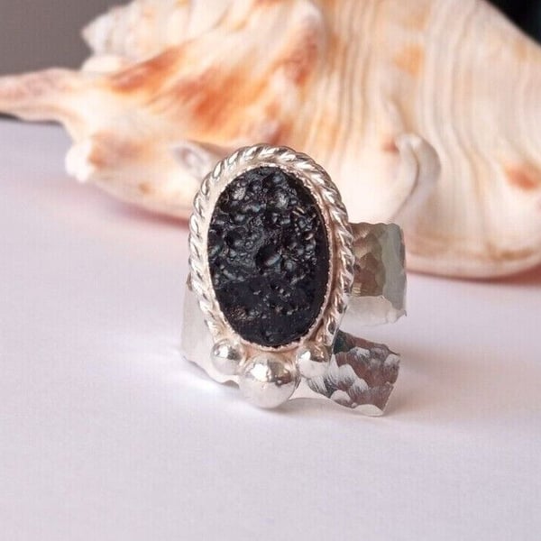 Tektite Adjustable Ring Meteorite Black Glass Sterling Silver Jewellery Gift