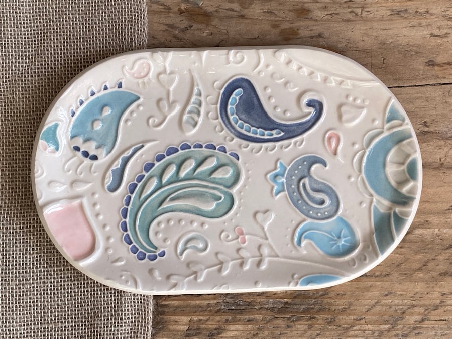 Handmade Oval Pottery Paisley Pastel Trinket Dish, Soap Dish