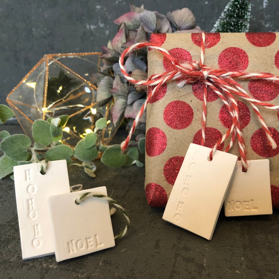 Ceramic gift tags - ( Ho Ho Ho, Noel) - green twine
